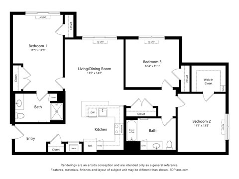 Floor plan for 3 beds, 2 baths, 1244 sqft